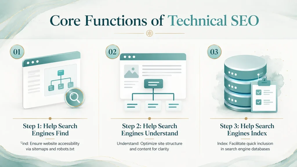 The core function of technical SEO is helping search engines find, understand, and index