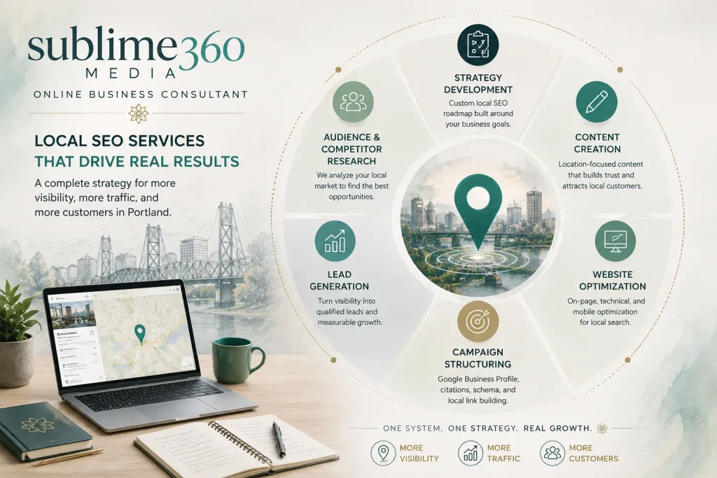 Local SEO capabilities span strategy, content, website optimization, campaign structure, and lead generation