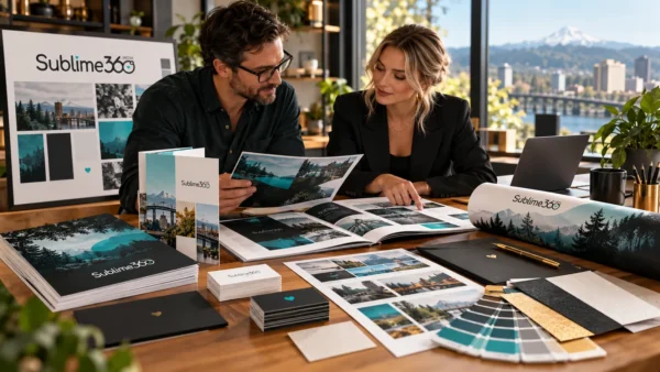 Two Sublime 360 Media professionals reviewing print collateral designs, including brochures, business cards, and posters