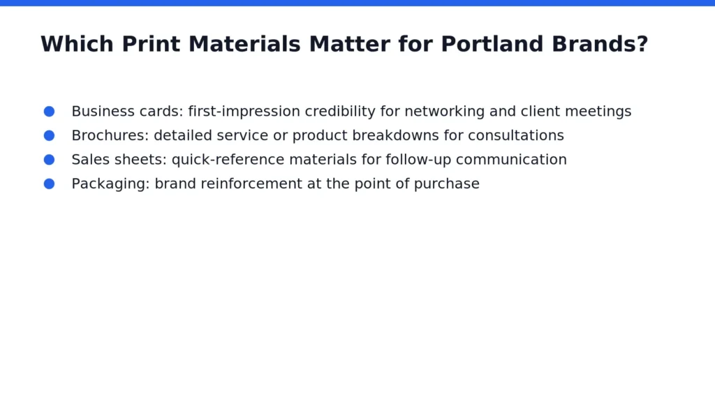 Brochures, business cards, catalogs, and promotional collateral each serve a distinct function inside a Portland